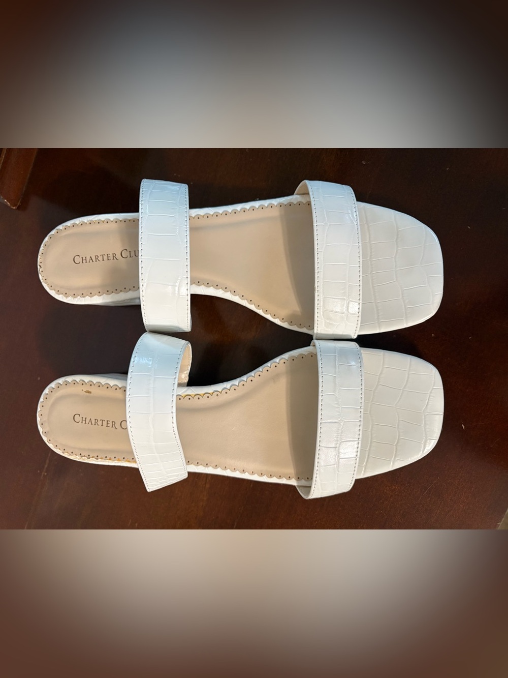 Charter Club White Croc-Embossed Double Strap Slide Sandals